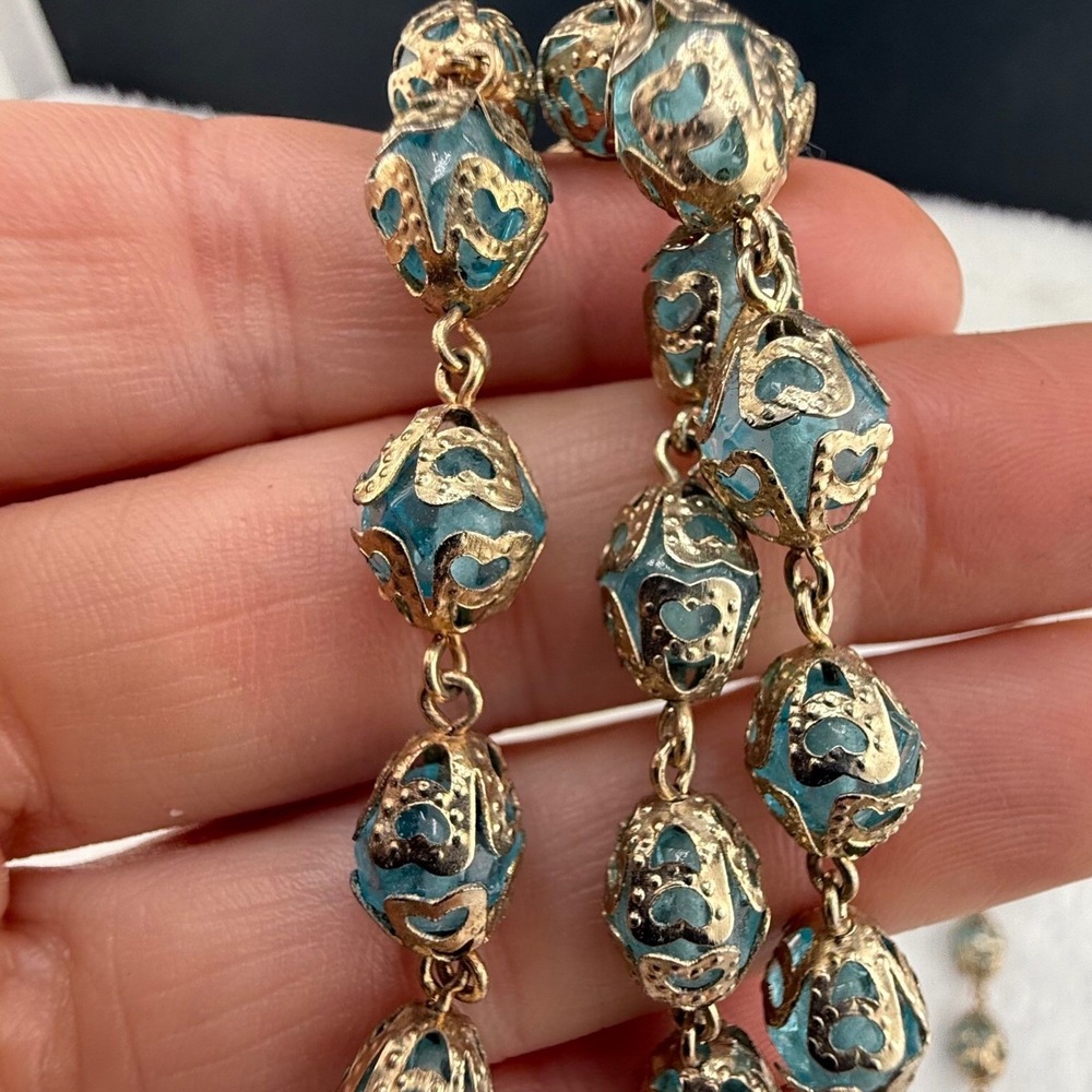 Vintage Estate Necklace Teal Filigree Cage Bead Gold Tone Opera Length 50in